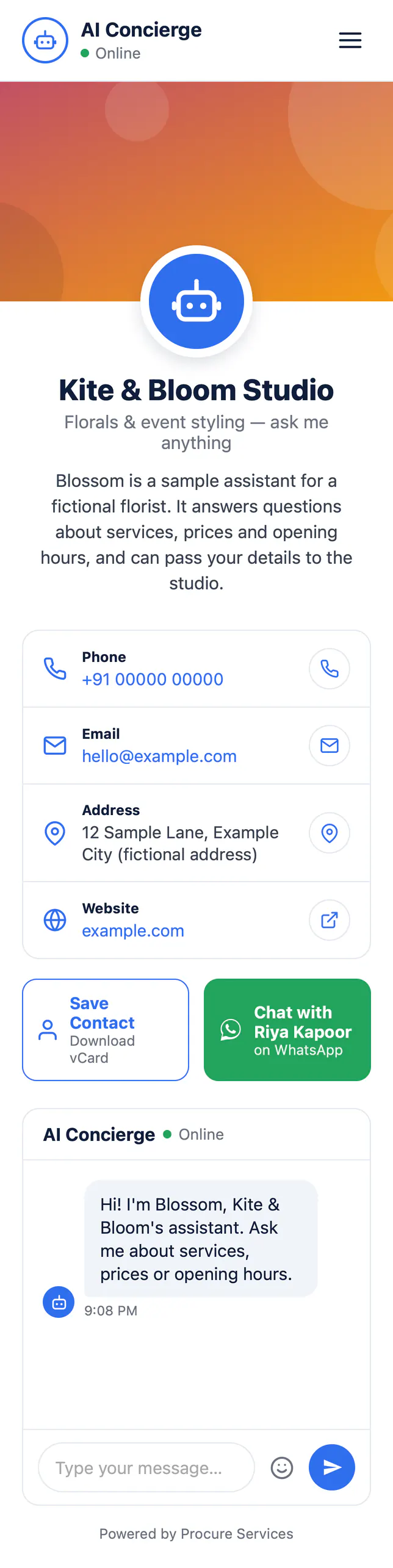 Sample AI Concierge: Blossom, an assistant for Kite & Bloom Studio, with contact options and a chat window.