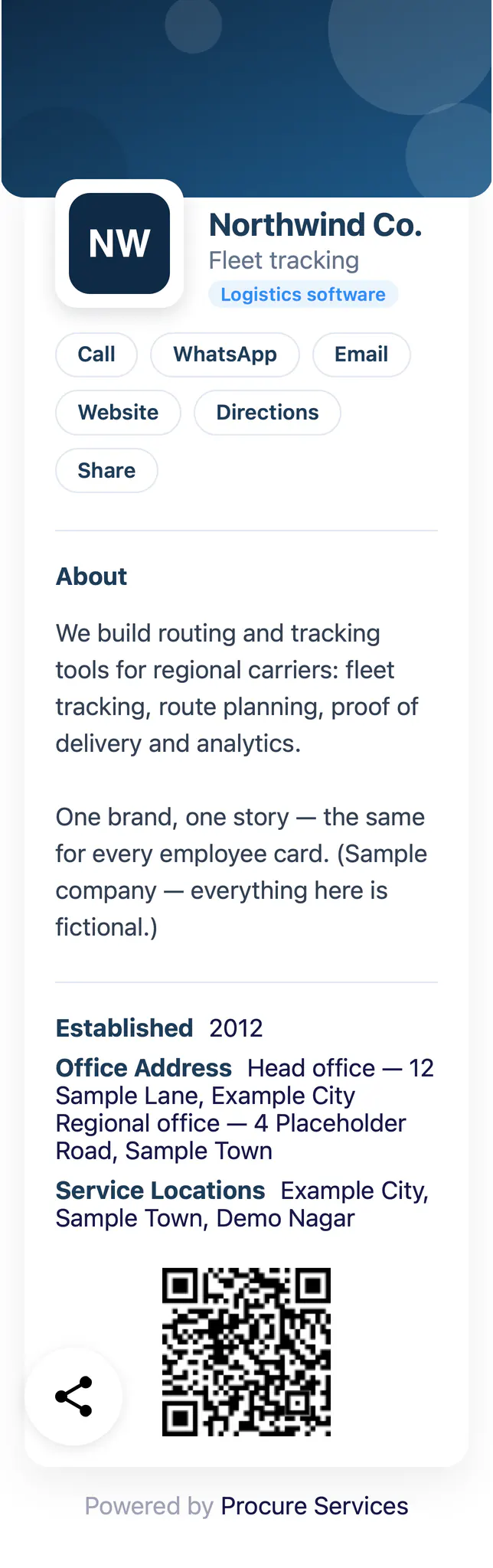 Sample Company profile: Northwind Co., with an overview, offices, services and a QR code.