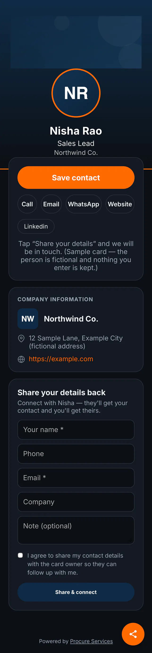Sample Digital Handshake card: Nisha Rao, a sales lead, with a Save contact button and a form to share your details back.