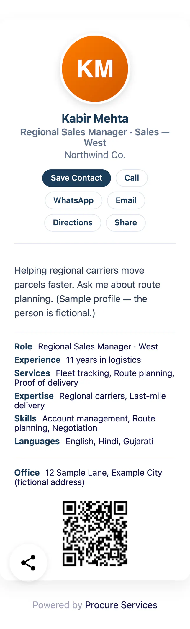 Sample Employee profile: Kabir Mehta, regional sales manager at Northwind Co., with his contact details and a QR code.