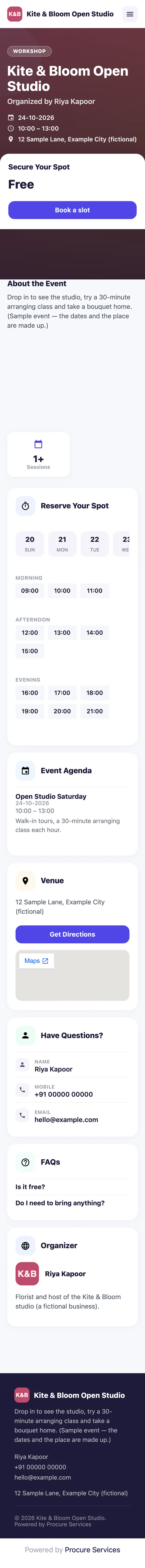 Sample Event & Booking page: Kite & Bloom Open Studio, with a date and time picker, agenda, venue and FAQs.