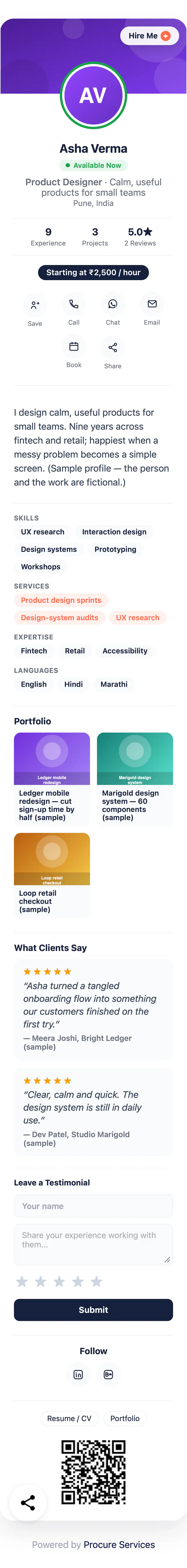 Sample Individual Work profile: Asha Verma, a product designer, with her skills, portfolio and client reviews.