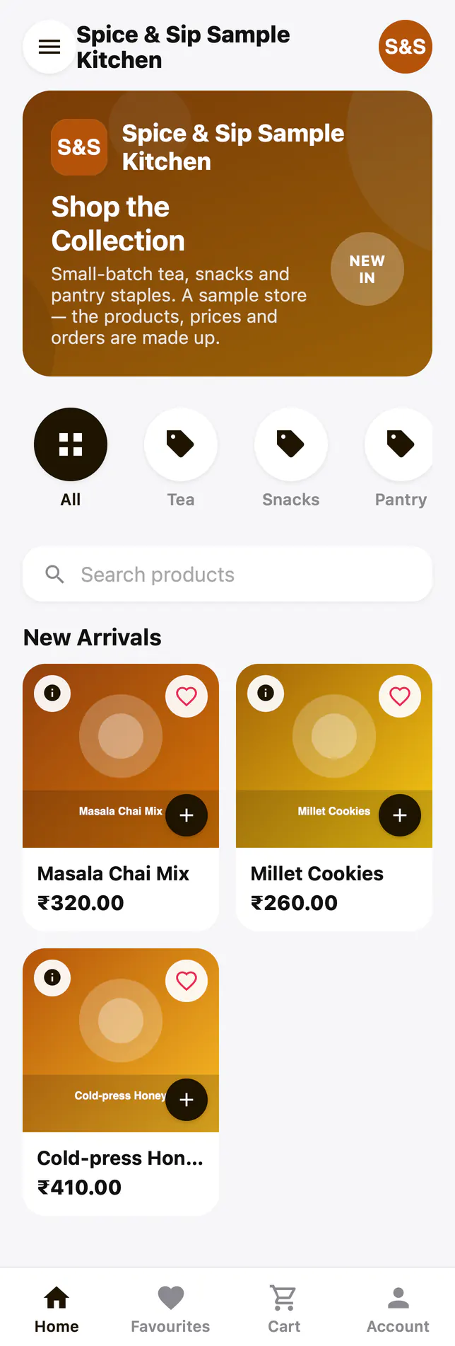 Sample WhatsApp Commerce store: Spice & Sip Sample Kitchen, with categories, new arrivals and a cart that sends the order on WhatsApp.